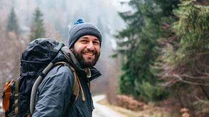 Fototapeta premium With a smile on his face, the travel blogger prepares for his next adventure, ready to document every moment of his journey and share it with the world through his captivating travel stories.