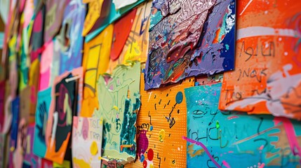 Close-up of a vibrant bulletin board, packed with colorful artwork and announcements, capturing the essence of creativity and community