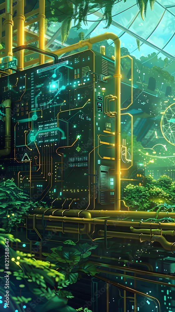Poster quantum cryptography system protecting data with unbreakable encryption in a solarpunk futuristic