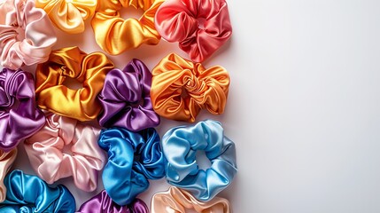 Close-up of a collection of flower shaped hair clips being sold at the market, separated from the background by a white space designated for advertising, Generative AI.