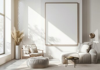 white frame mockup, large vertical blank picture in a white modern room, side view with bright natural light in the living room.
