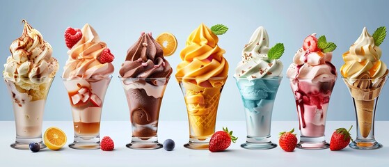 Selection of cutout frozen desserts sundaes in tulip glass cups with a blue backdrop an ad theme, Generative AI.