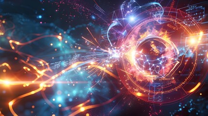 Fototapeta premium Quantum Teleportation Process Visualized Intricate Quantum Particles Swirling through a