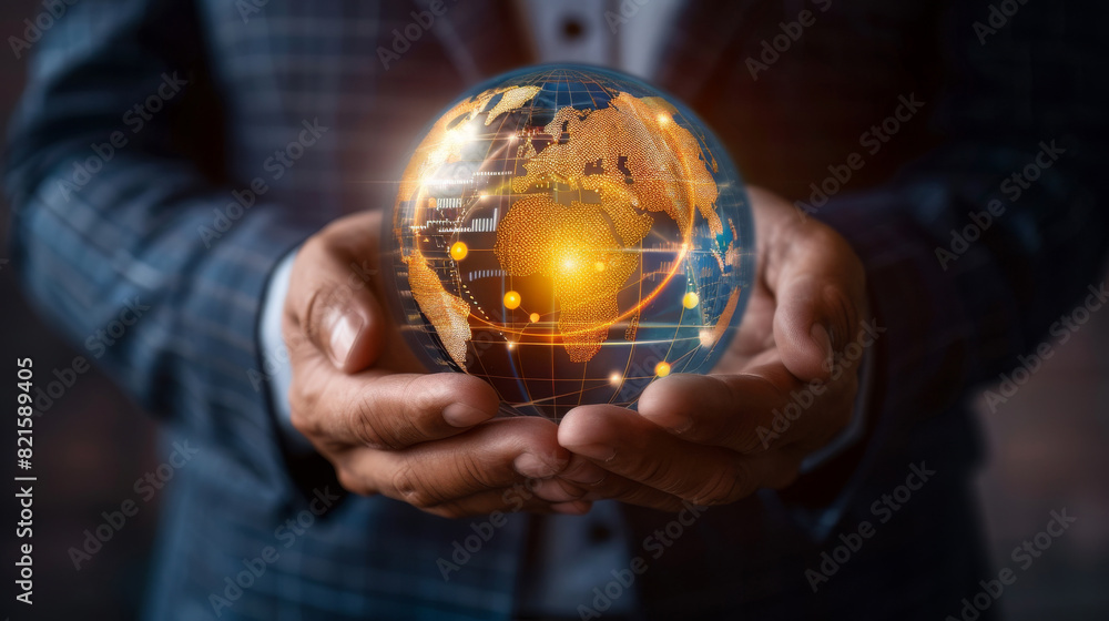 Poster businessman hands holding a glowing globe with network element, global networking and connection con
