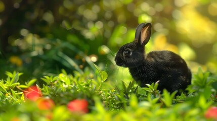 A sleek black rabbit with bright eyes, hopping gracefully across a lush green indoor garden, its movements a dance of curiosity and freedom. 
