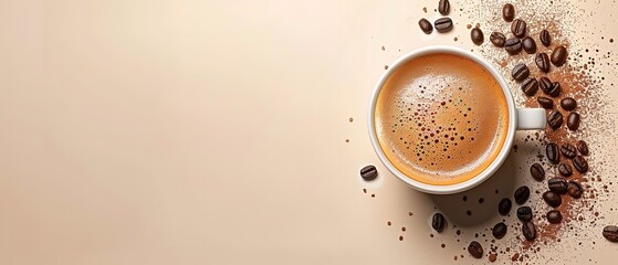 Black coffee backdrop with plenty of room for advertising, topped with a black coffee cup and coffee beans isolated on beige color backdrop, Generative AI.