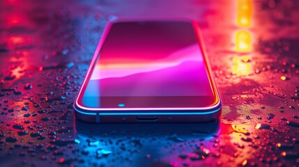 Sleek smartphone on a reflective surface with colorful neon lighting