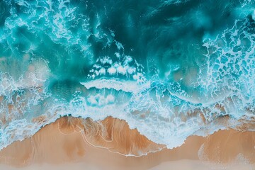 Aerial View of Turquoise Waves Crashing on Sandy Beach