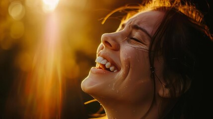 young woman with tears of joy touched by gods grace christian concept photo