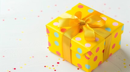 A sunny yellow gift box with a cheerful polka dot design and a bright ribbon, the lively color and playful pattern adding a burst of energy to the white surroundings. 