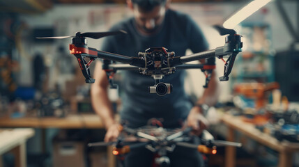 Engineer testing a drone, drone technology concept