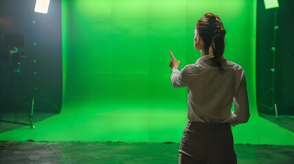 Lovely, intelligent businesswoman pointing to a large text area for advertising and an empty projection screen in a television studio, Generative AI.
