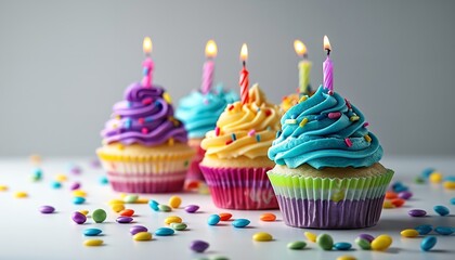 Delicious birthday cupcakes in vibrant colours with candles, set on white backdrop with space for ad, Generative AI.