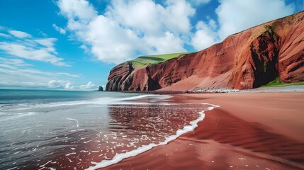 Dramatic Red Sand Cliffs and Crashing Waves at Picturesque Coastal Destination - Powered by Adobe