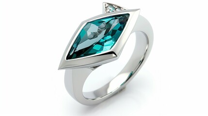 A teal blue topaz ring with a modern, angular setting, the unique color of the gemstone and the contemporary design adding a stylish element to the white setting. 