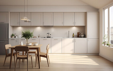 Modern dining room with kitchen. Clean and bright kitchen simple and minimalistic