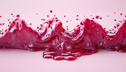 An attractive image of crimson strawberry jam or confiture flowing on light pink background with room for advertisement, Generative AI.