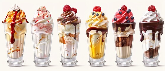 Selection of cutout frozen desserts sundaes in tulip glass cups with a white backdrop an ad theme, Generative AI.