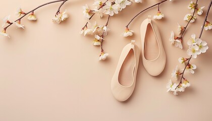 Chic feminine footwear motif, blossom adorned springtime footwear banner for ladies set against a pale yellow background with text area, Generative AI.