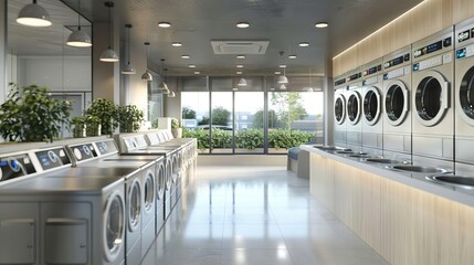 modern laundromat interior with sleek counters and hightech washing machines 3d rendering