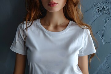 Women's White Short Sleeve Round Neck T-Shirt Mockup It is a useful tool for clothing designers to help visualize T-shirts before actual production Save time and money and makes it easier to decide.