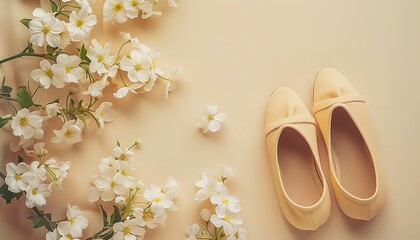 Chic feminine footwear motif, blossom adorned springtime footwear banner for ladies set against a pale yellow background with text area, Generative AI.