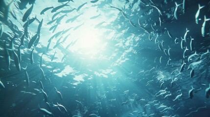 Looking from the bottom of the sea to the surface, fish are surrounded
