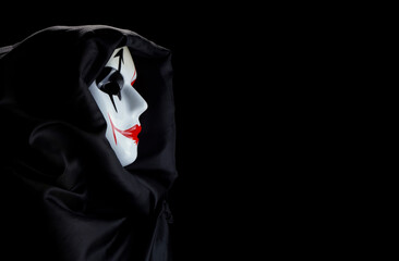 Black silk cloak and hand painted mask with smoke effects with unique patterns and designs