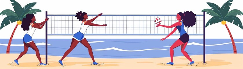 Illustrate an exciting summer sport event with athletes competing in a beach volleyball tournament