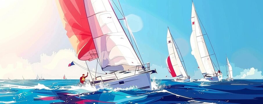 Paint a picture of a summer sailing regatta with sleek sailboats racing on the open sea
