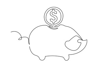 Piggy bank with coins continuous one line drawing. Saving money concept. Investment symbol. Vector hand drawn illustration isolated on white.