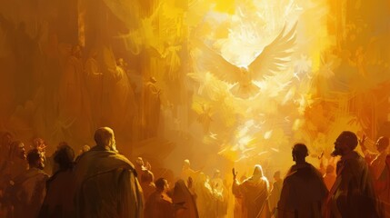 pentecost scene holy spirit descending people and white dove digital painting