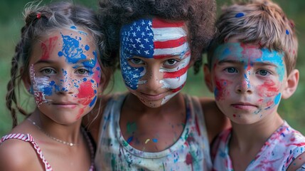Obraz premium Three children painted on their faces in the colors of the American flag. American Independence Day