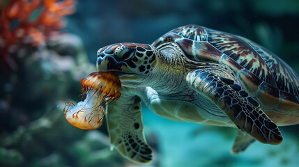 Fototapeta premium Sea turtle eats jellyfish.