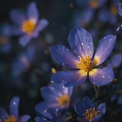 a many blue flowers with yellow centers in the dark