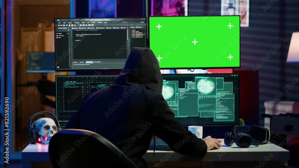 Poster rogue programmer using green screen pc to hack firewalls, getting attacks rejected by cybersecurity.