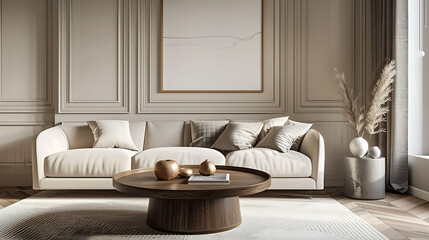 Round Coffee Table on Beige Rug by Comfortable Sofa in Room with Timeless Paneling and Artwork. Scandinavian Modern Living Room Design.