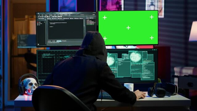 Rogue programmer using green screen PC to hack firewalls, getting attacks rejected by cybersecurity. Scammer using mockup monitor seeing access denied error message while committing fraud, camera A