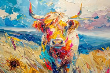 Image of Abstract oil painting of Highland Cow, plate knife style, bright and serene, happy and peaceful concept, clear sky, sunflowers printed on Printed Glass Splashbacks