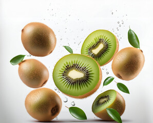 Fototapeta premium Kiwis apetitosos, color verde intenso, cayendo sobre fondo blanco. Agua salpicando las frutas. IA generativa.