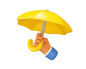 Umbrella in hand vector 3d icon. Yellow parasol illustration, isolated on white background. Safety or protection concept, cartoon character arm
