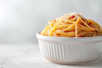 An illustration of vegan cuisine with text space features a closeup view of spaghetti with tomato sauce on a porcelain dish isolated on a white background or table, Generative AI.