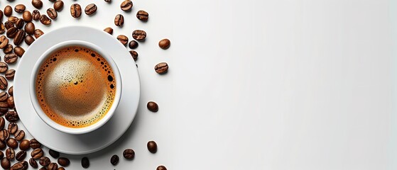 Black coffee backdrop with plenty of room for advertising, topped with a black coffee cup and coffee beans isolated on a white backdrop, Generative AI.