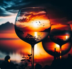 glass of wine on sunset background