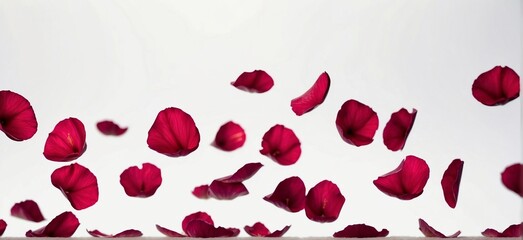 Rose petals in the air on white background 