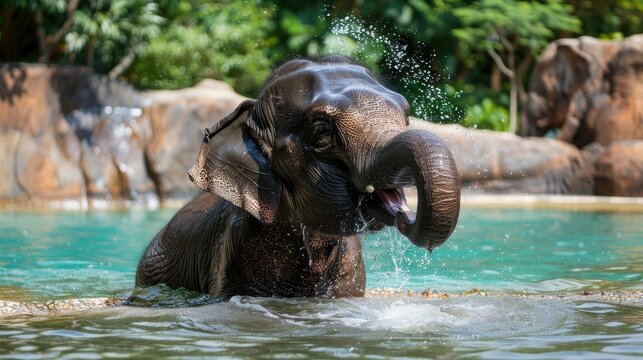 Male Asian elephant enjoying a bath