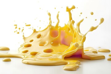 Cutout and splash of yellow melting cheese isolated on a white backdrop with advertisement writing space, Generative AI.