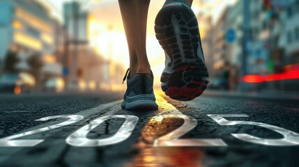 Fototapeta premium New year 2025 or start straight concept, word 2025 written on the asphalt road and athlete running preparing for new year at sunset, goals and plans for the next year