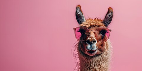 A commercial theme featuring a sunglass shaded llama with enough space is displayed against a clean pastel backdrop, Generative AI.