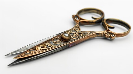 An advertisement theme, old-fashioned metal pendant scissors isolated on a white backdrop with plenty copy space for any content, Generative AI.